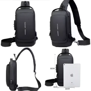 Bolso cruzado antirrobo negro con puerto USB y candado, ideal para viajes cortos.