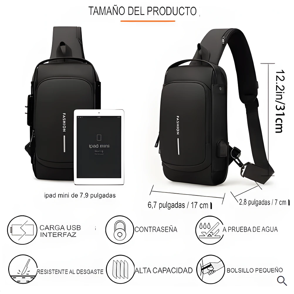 Bolso cruzado negro con puerto USB, antirrobo, impermeable y de alta capacidad, se ajusta a un iPad Mini.
