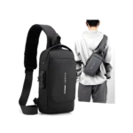 Bolso cruzado negro antirrobo con puerto USB visible y correa ajustable.