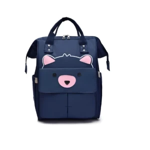 Morral panalera azul marino para bebé con diseño de osito frontal.