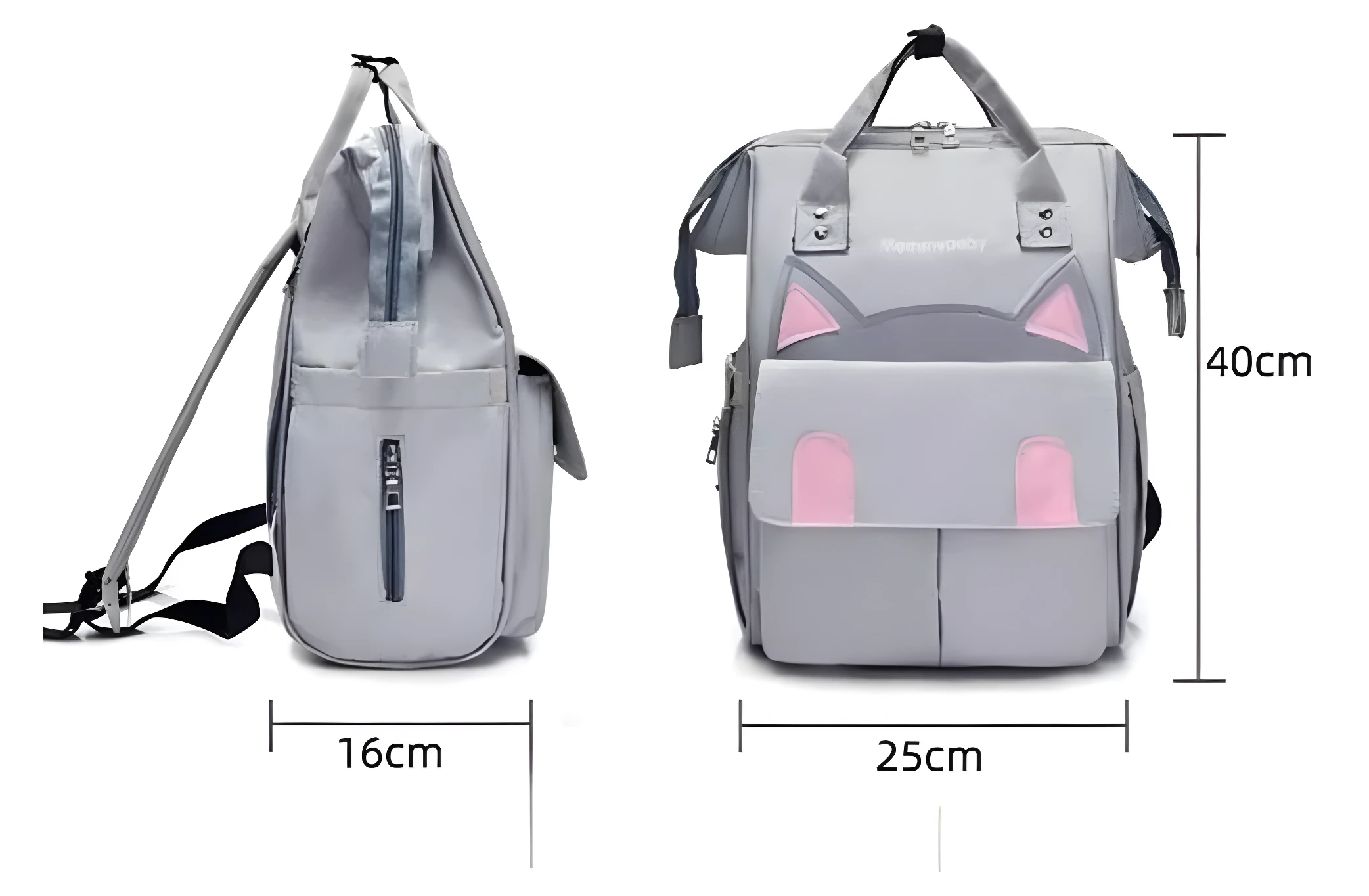 Morral para bebé gris con diseño de osito, mide 40cm de alto, 25cm de ancho y 16cm de profundidad.