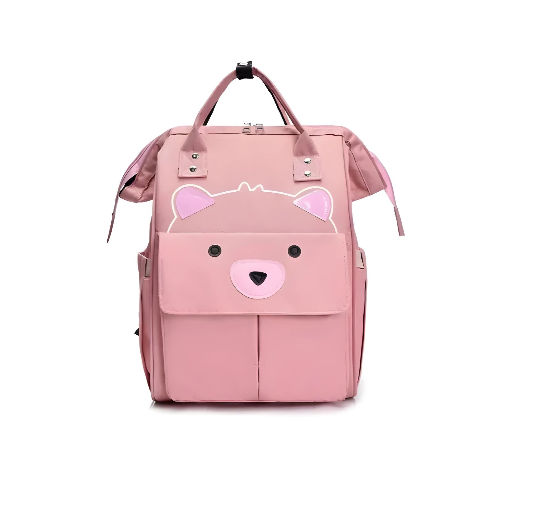Morral panalera rosa para bebé con diseño de osito y múltiples bolsillos.