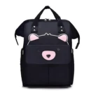 Morral para bebé negro con diseño de osito y orejas rosas. Ideal para pañalera.