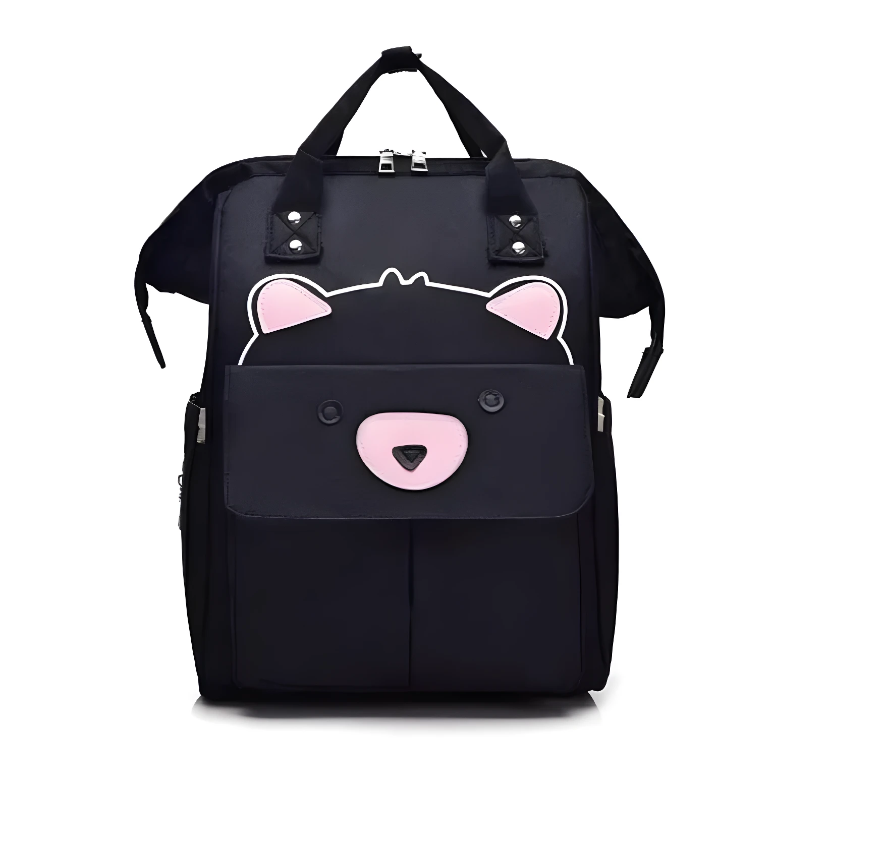 Morral para bebé negro con diseño de osito y orejas rosas. Ideal para pañalera.