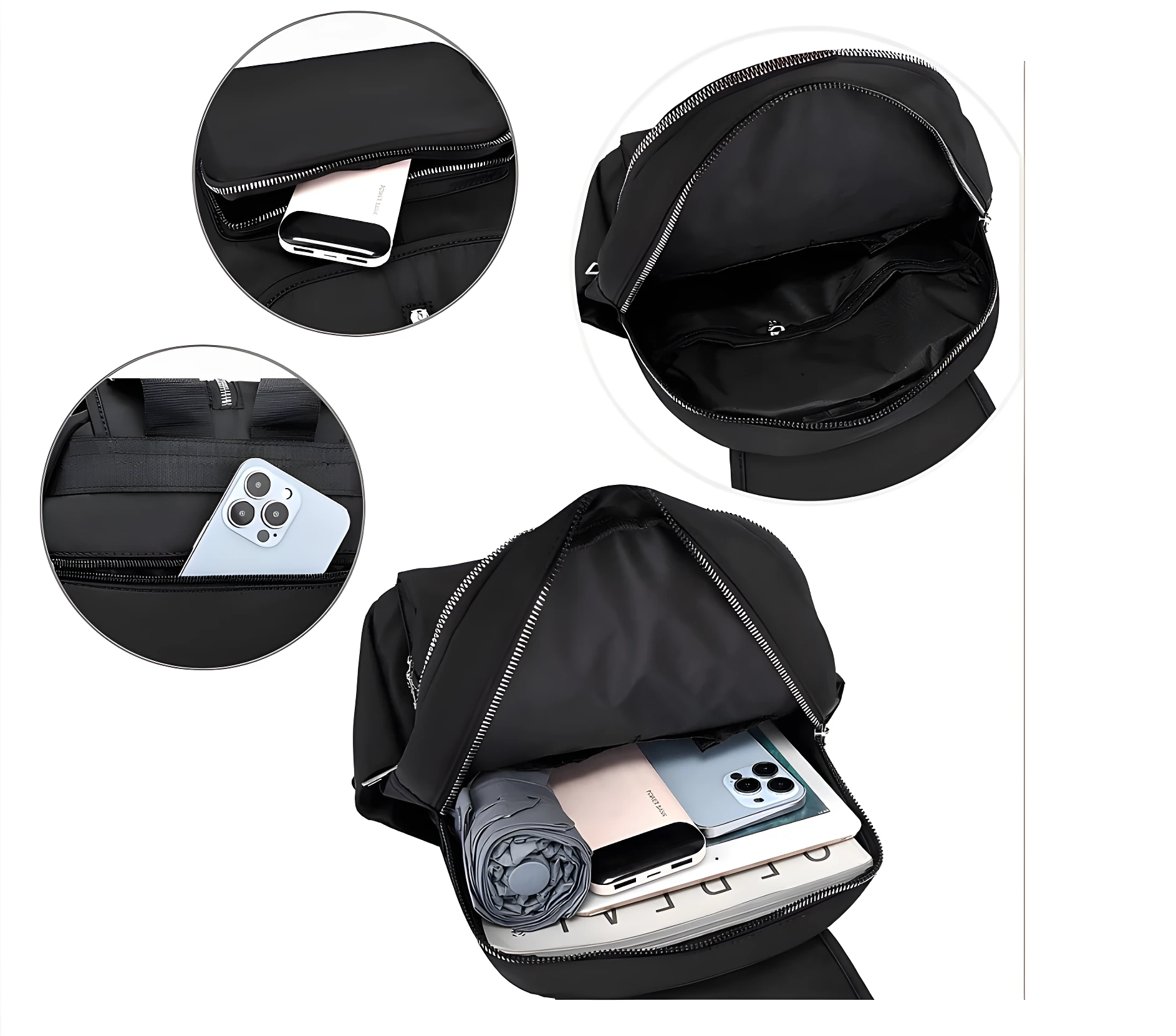 Bolso negro para dama, compartimento principal abierto, muestra celular, paraguas y tablet.
