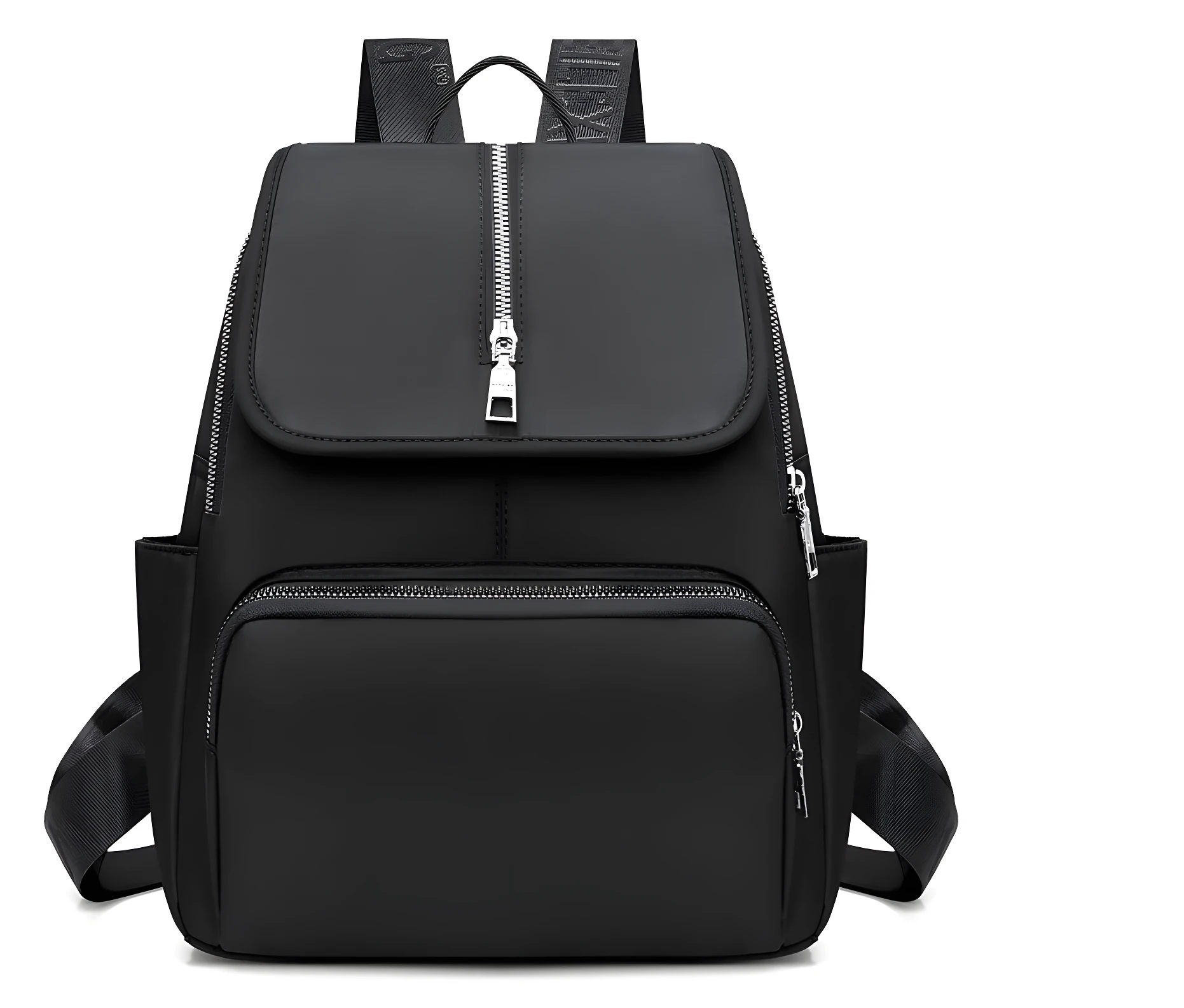 Bolso negro casual para dama, con cierres plateados y diseño moderno, ideal para uso diario.