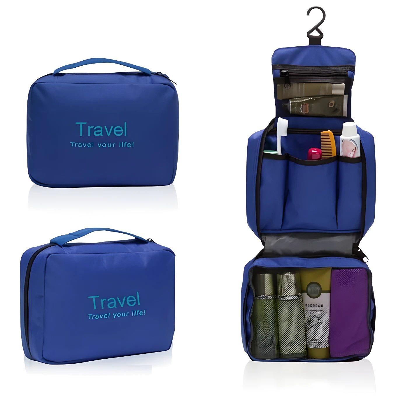 Neceser azul impermeable para viaje, cerrado y colgado mostrando compartimentos internos con artículos de aseo y botellas.