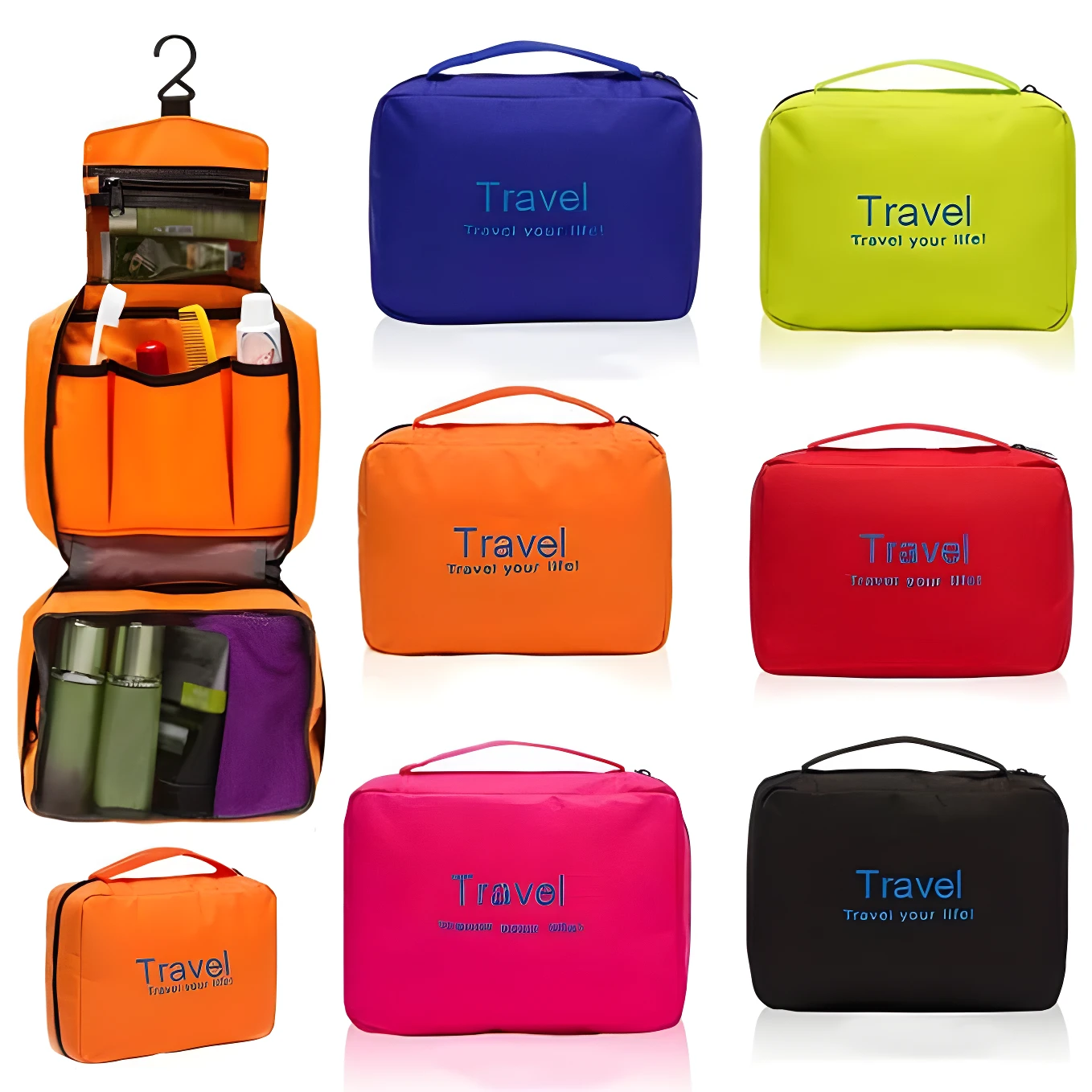 Colección de neceseres de viaje colgantes impermeables en varios colores: naranja abierto mostrando contenido, azul, lima, naranja, rojo, fucsia, negro y dos naranjas cerrados.