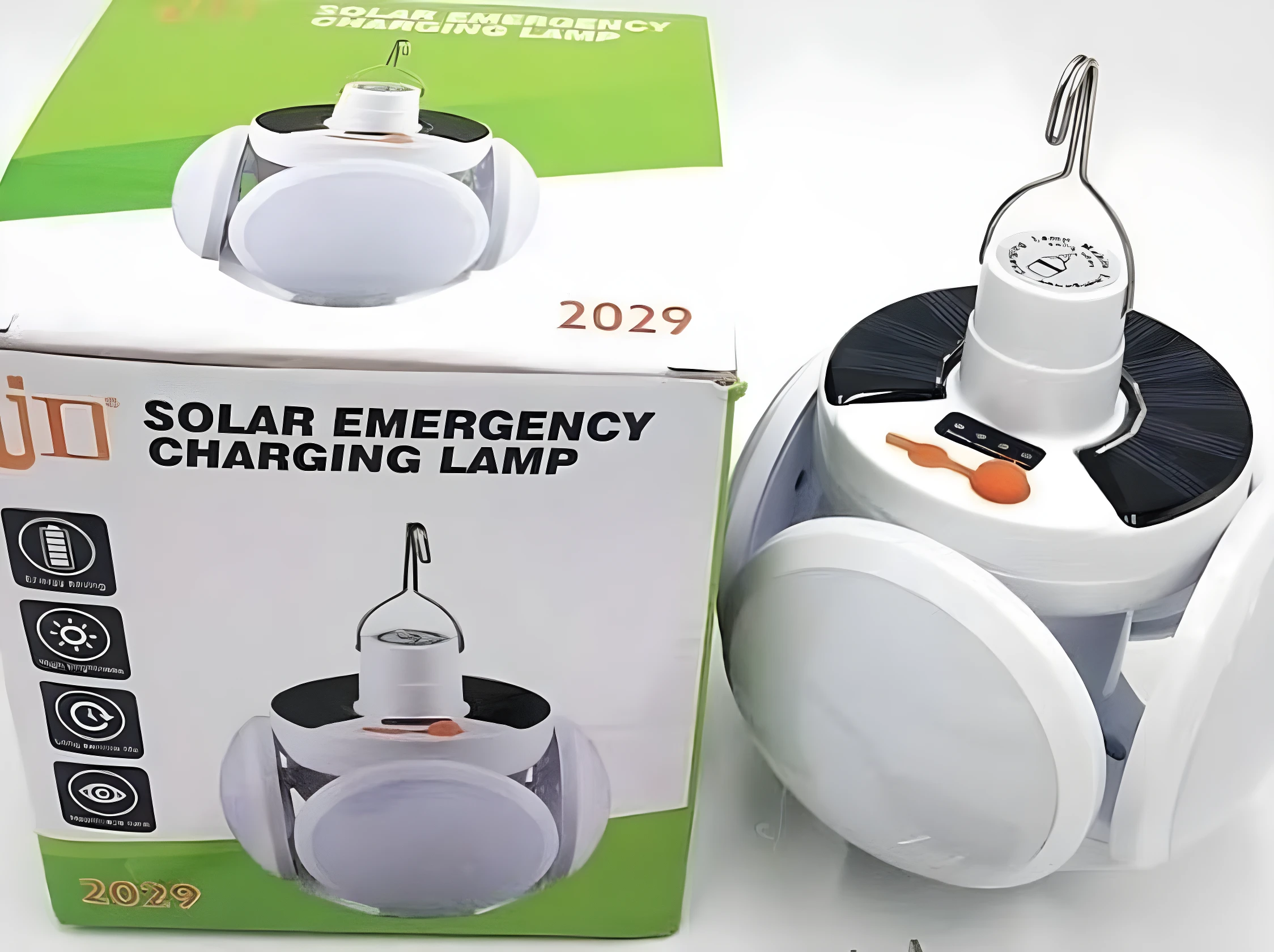 Bombilla LED solar expandible plegable en caja, ilumina actividades exteriores con luz de emergencia SOS.