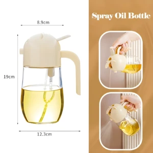 Dispensador de aceite en spray color crema con diseño de conejo, dimensiones 19cm alto x 8.9cm ancho x 12.3cm base, mostrando uso de chorro y spray.