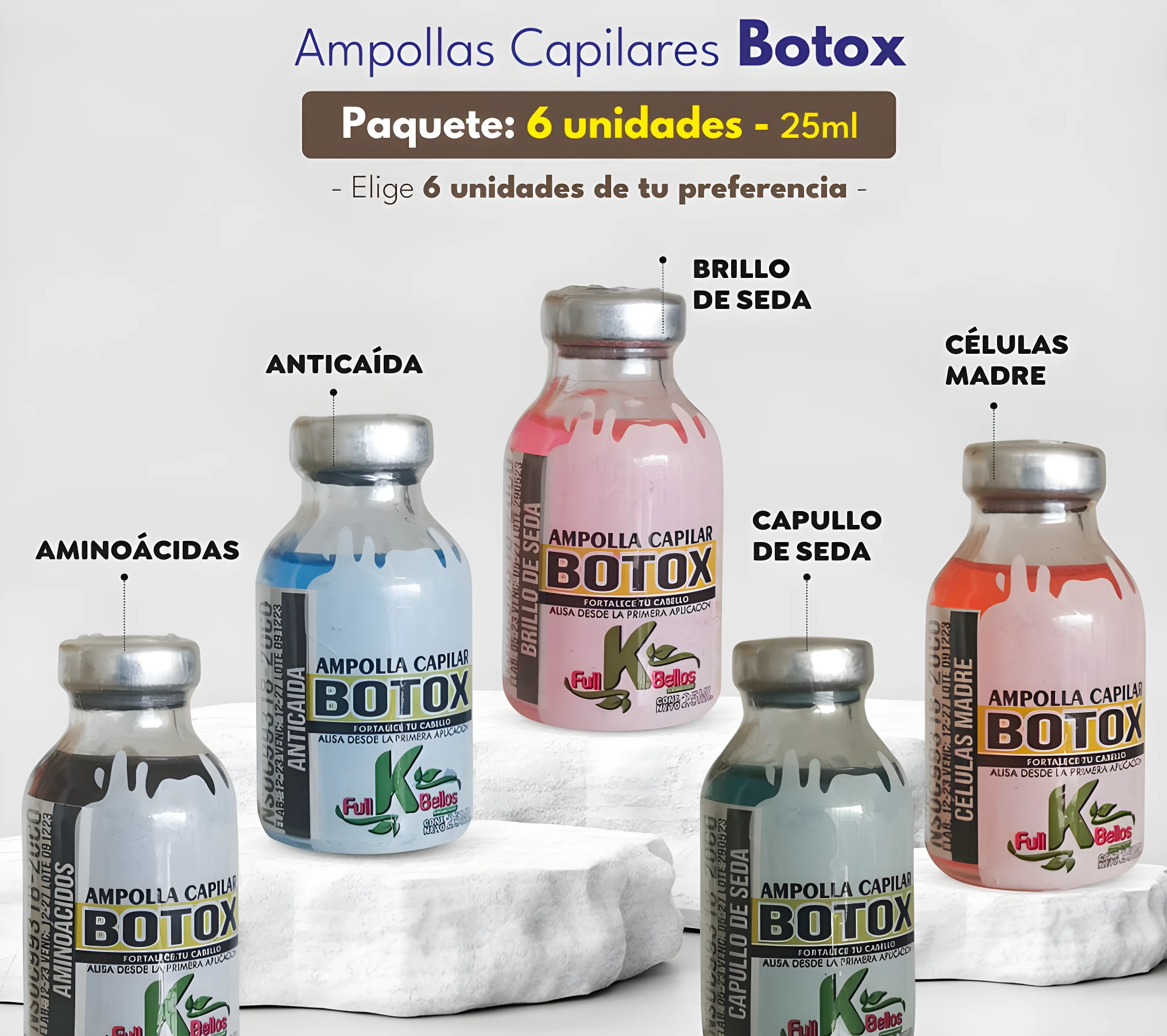 Ampollas capilares Botox 25ml en paquete de 6 unidades, con variantes Anticáida, Aminoácidas, Brillo de seda y Células Madre.