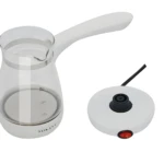 Cafetera turca Sokany de vidrio con base eléctrica y cable. Lista para preparar café o calentar agua.