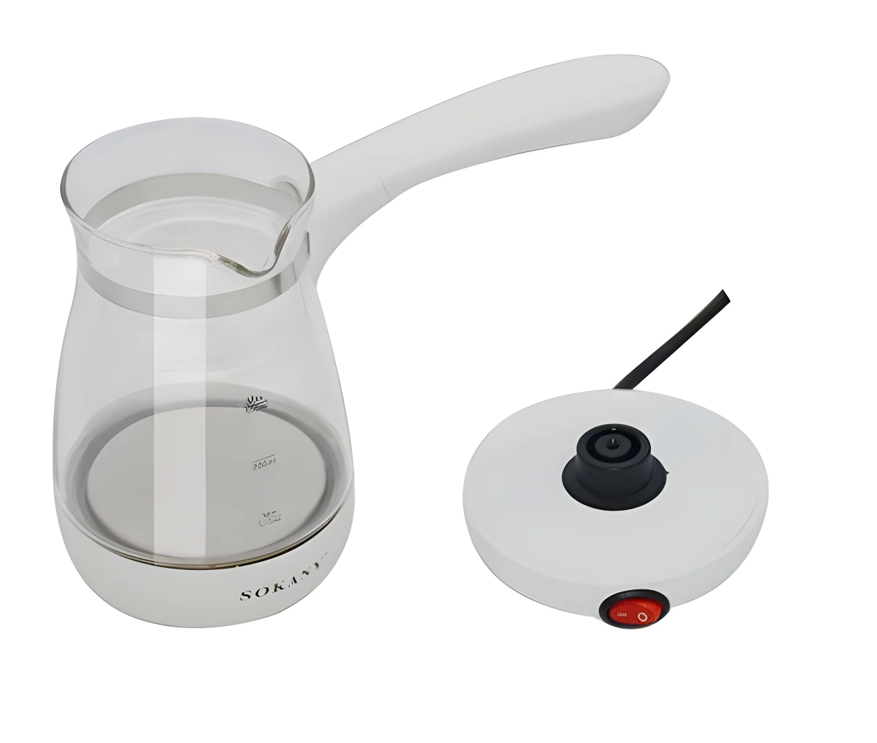 Cafetera turca Sokany de vidrio con base eléctrica y cable. Lista para preparar café o calentar agua.