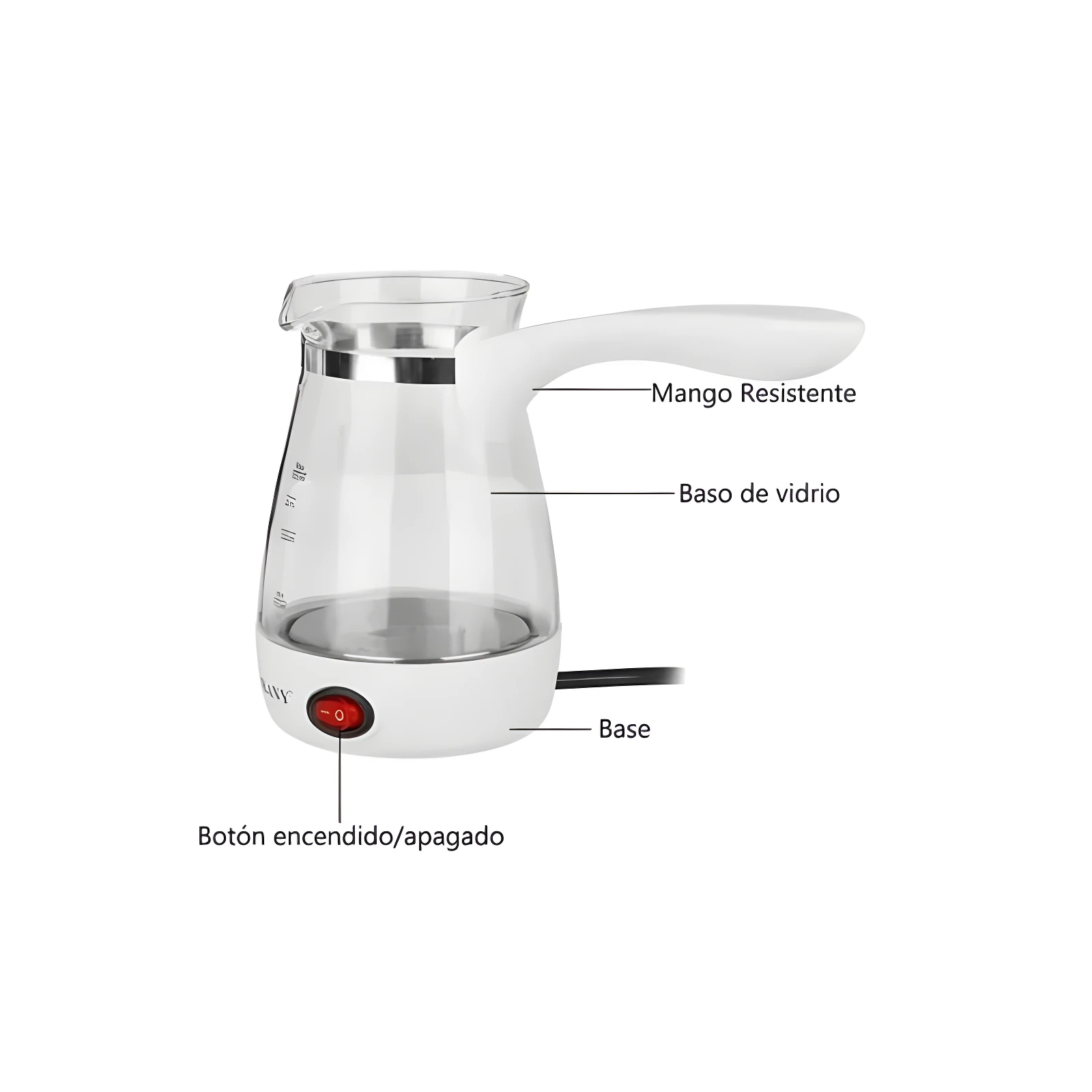 Cafetera turca eléctrica Sokany de vidrio transparente con mango blanco y botón rojo de encendido/apagado.