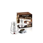 Cafetera turca eléctrica Sokany YLW-606 de vidrio con taza de café humeante.