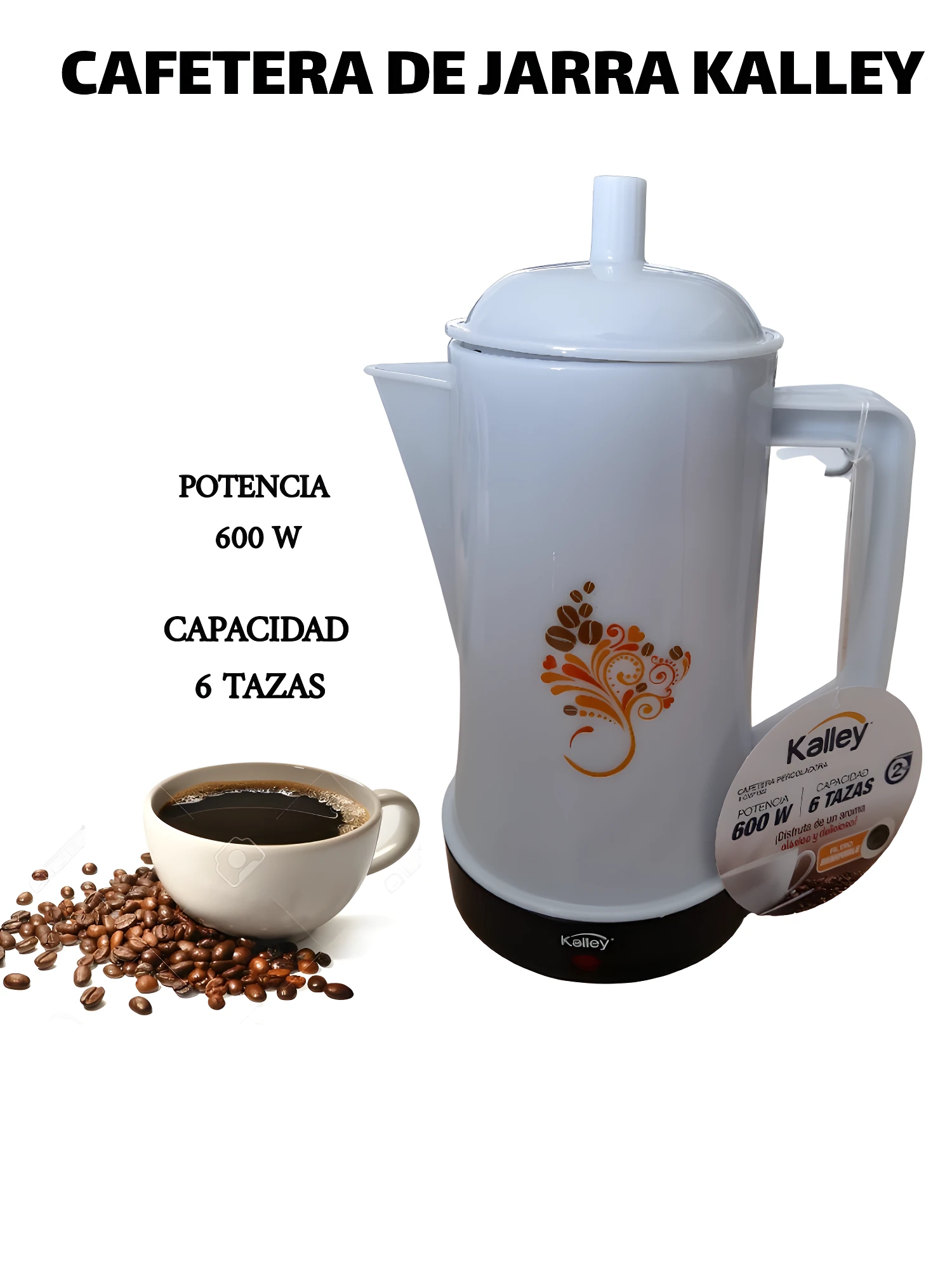 Cafetera Eléctrica Kalley blanca, 600W, jarra para 6 tazas, ideal para café diario.