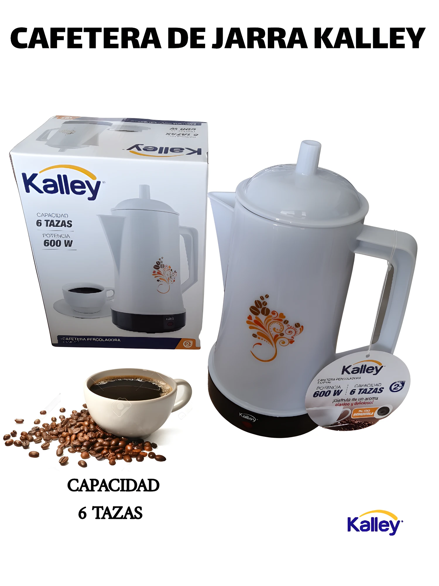 Cafetera eléctrica Kalley blanca, jarra 6 tazas, 600W, ideal para café diario.
