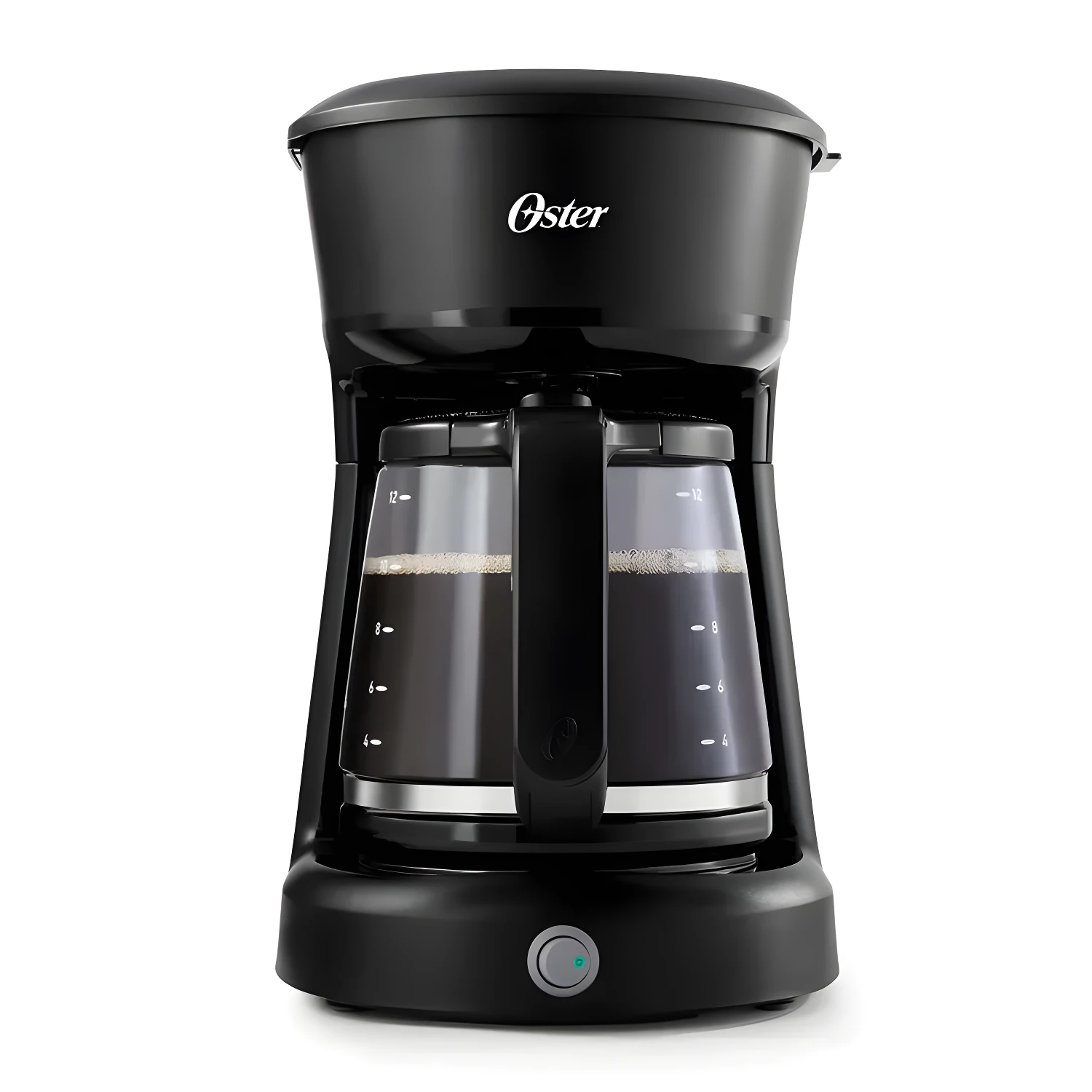 Cafetera Oster negra de goteo para 12 tazas con jarra de vidrio y filtro permanente.