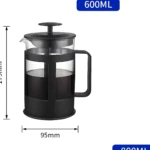 Prensa francesa 600ml de vidrio borosilicato, con armazón negro y émbolo, para café de inmersión.