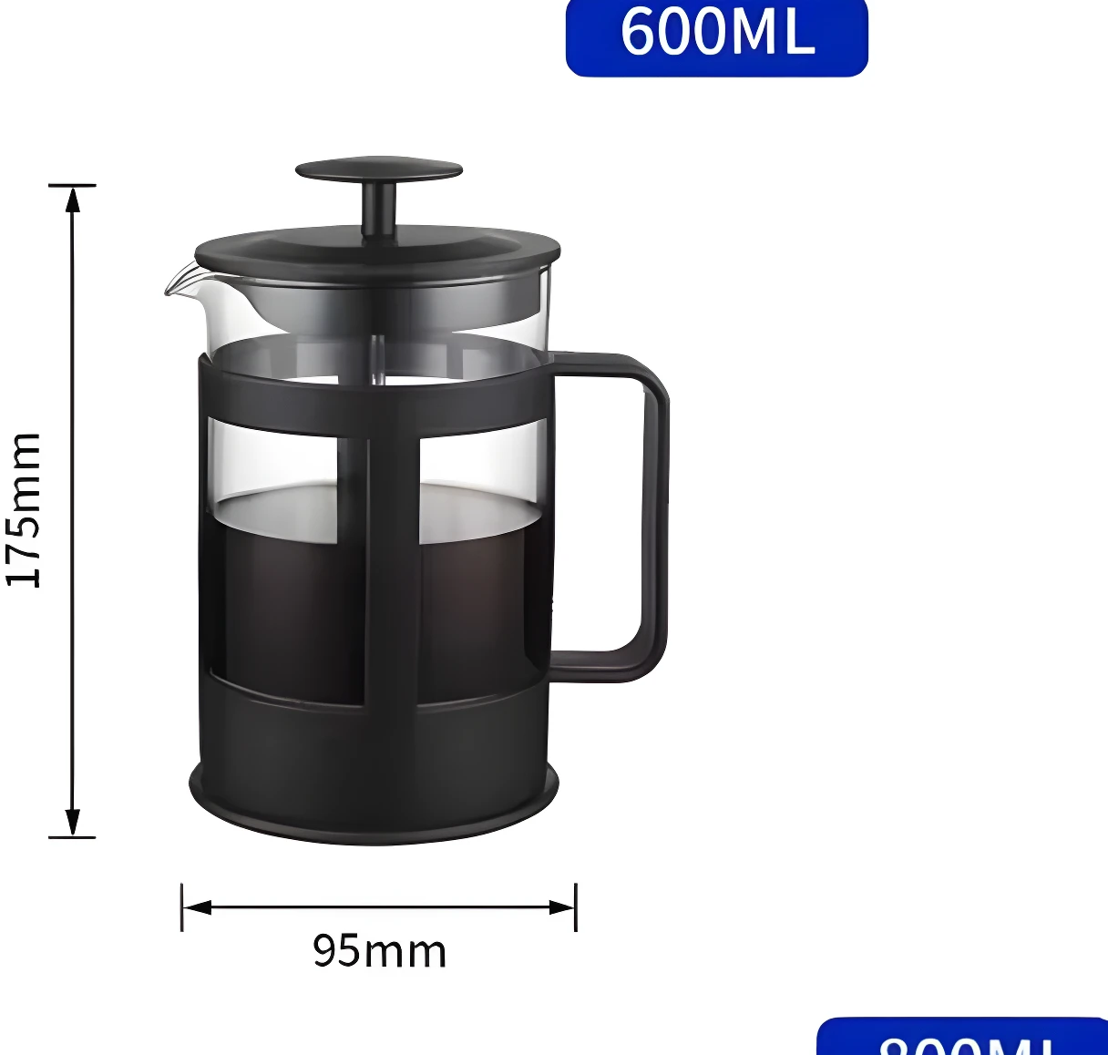 Prensa francesa 600ml de vidrio borosilicato, con armazón negro y émbolo, para café de inmersión.