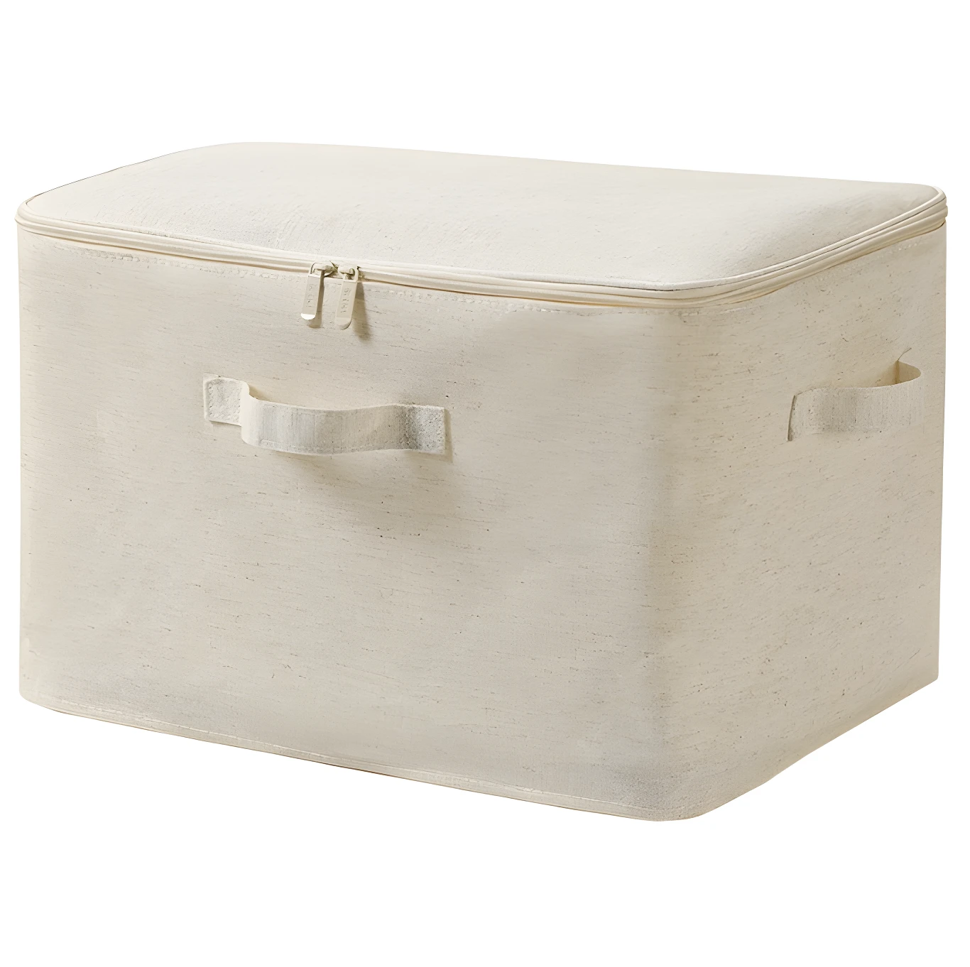 Caja organizadora de tela beige, rectangular, con tapa y asas laterales.