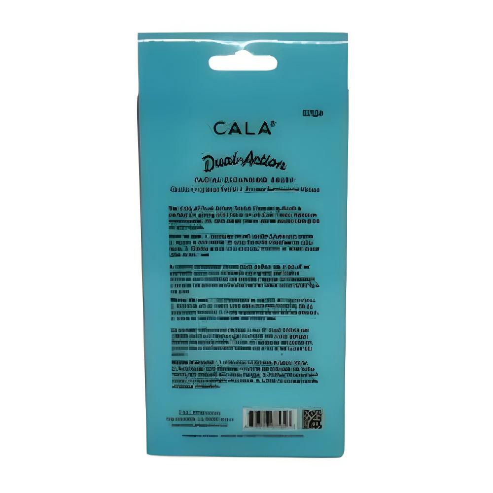 Empaque de cartón y plástico azul aguamarina con marca CALA Dual Actions, mostrando texto explicativo en reverso.