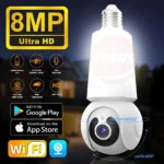 Cámara de seguridad tipo bombillo 8MP con base roscada, cuerpo blanco, lente giratorio con rotación horizontal 355 grados y vertical 90 grados para interiores.