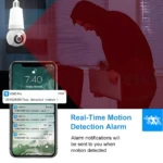 Cámara de seguridad tipo bombilla con sensor de movimiento, proyectando alerta en celular V380 Pro mientras un intruso es detectado en una habitación.
