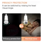Cámara con lámpara de 8Mpx para interior que muestra la función de privacidad girando el lente hacia adentro frente a la vista normal de un niño durmiendo.