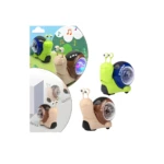 Caracol musical de juguete con luces LED de colores, uno verde con caparazón azul y otro café con caparazón café.