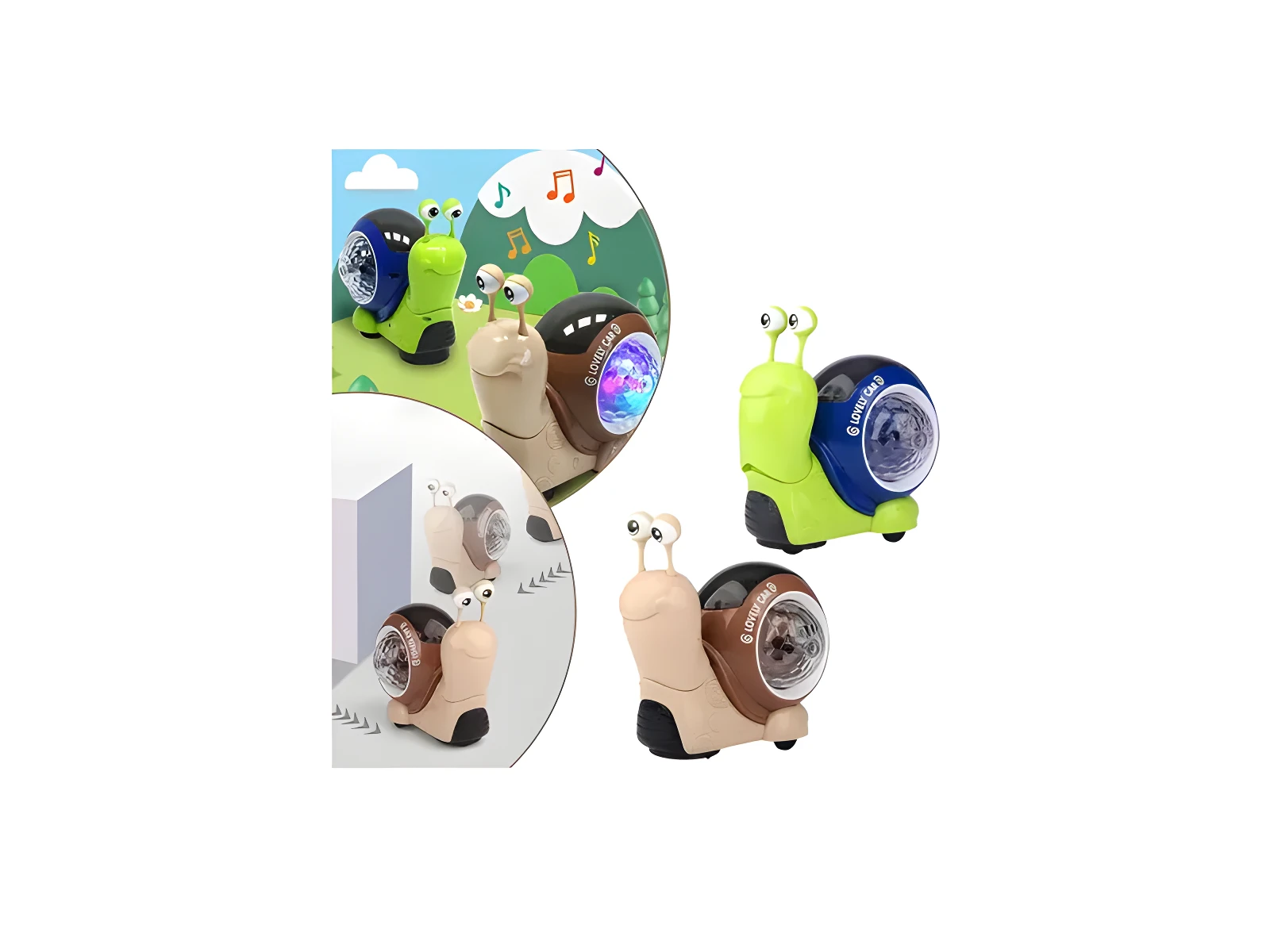 Caracol musical de juguete con luces LED de colores, uno verde con caparazón azul y otro café con caparazón café.