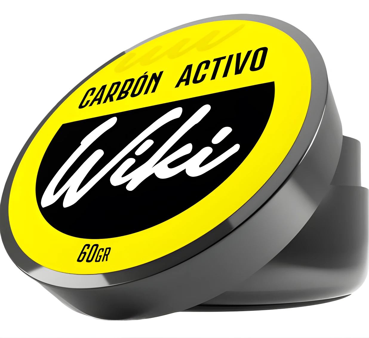 Envase redondo negro con tapa amarilla, etiqueta negra con texto blanco "Wiki" y "CARBÓN ACTIVO", indicando 60GR.