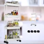 Carrito organizador blanco de 4 niveles con ruedas, lleno de botellas y frascos, ideal para cocina.