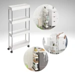 Carrito organizador blanco de 4 niveles con ruedas, ideal para baños y cocinas.