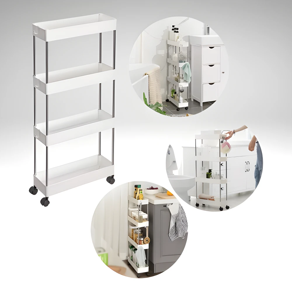 Carrito organizador blanco de 4 niveles con ruedas, ideal para baños y cocinas.