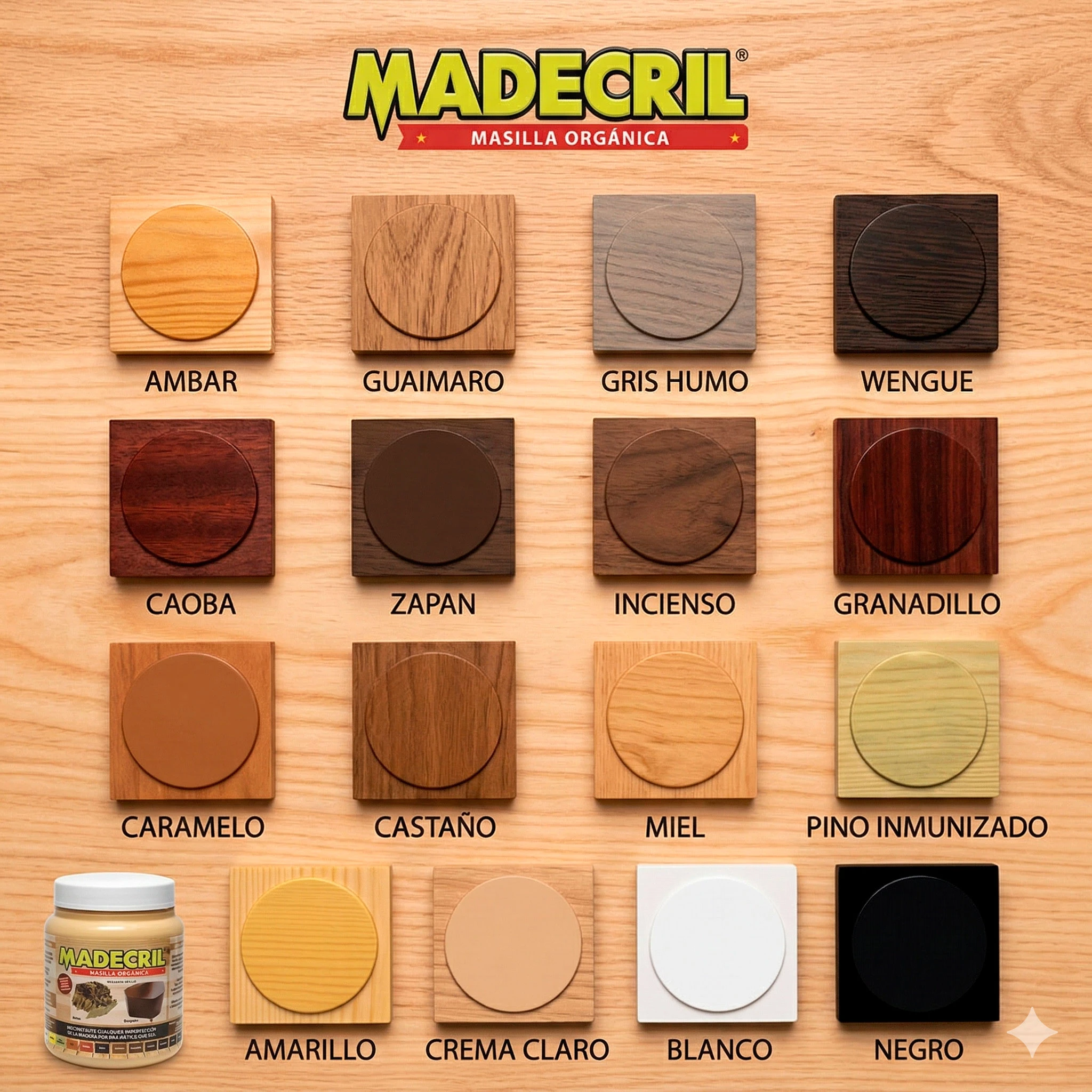 Paleta de 16 colores de Masilla Orgánica MADECRIL para madera: Ambar, Caoba, Amarillo, Negro, y tonos naturales.