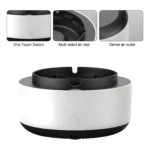 Cenicero eléctrico blanco y negro con botón táctil y detalles de entrada y salida de aire.