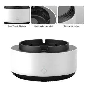 Cenicero eléctrico blanco y negro con botón táctil y detalles de entrada y salida de aire.