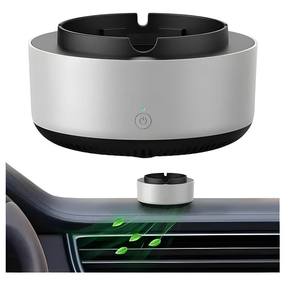 Cenicero eléctrico plateado con filtro de olor para coche y hogar, purificador de aire.