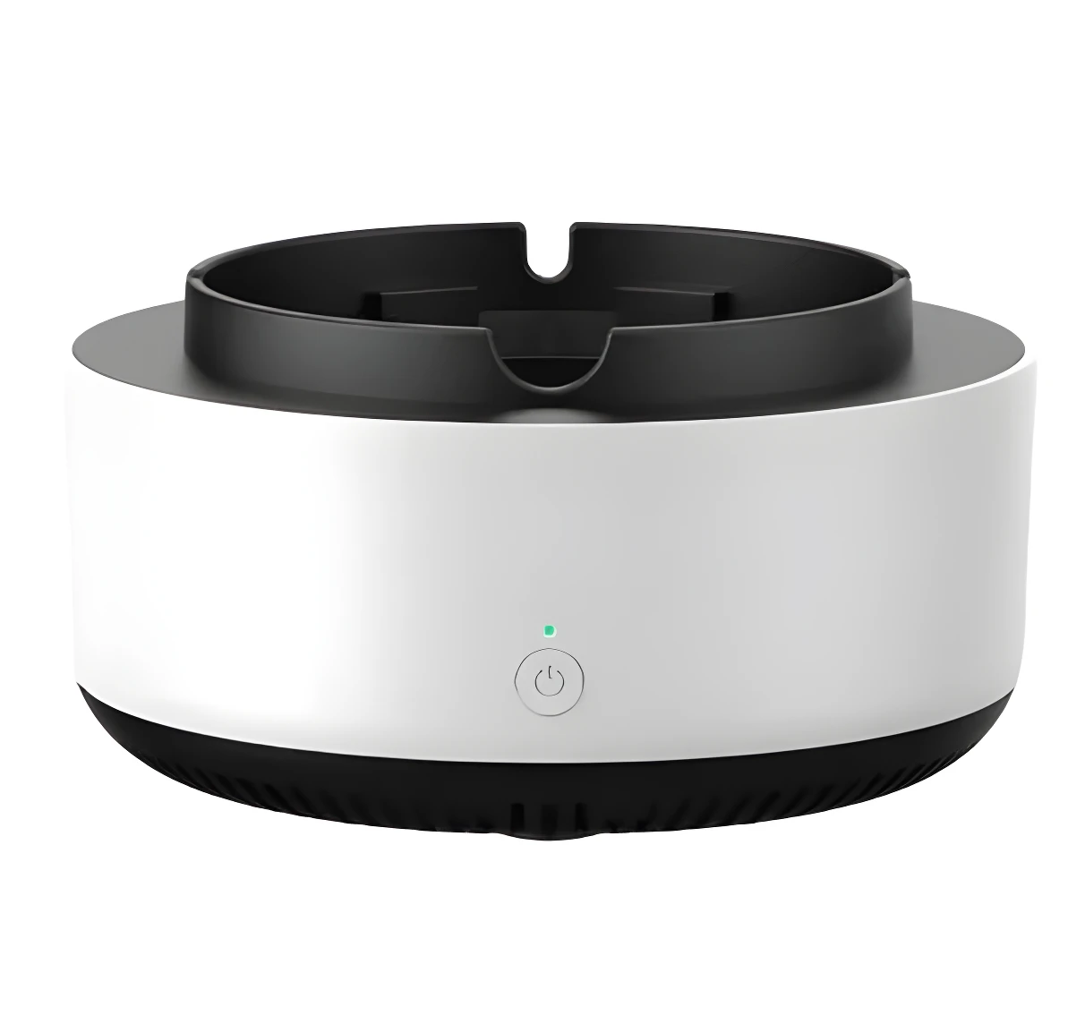 Cenicero purificador de humo portátil USB blanco con indicador verde y símbolo de encendido.