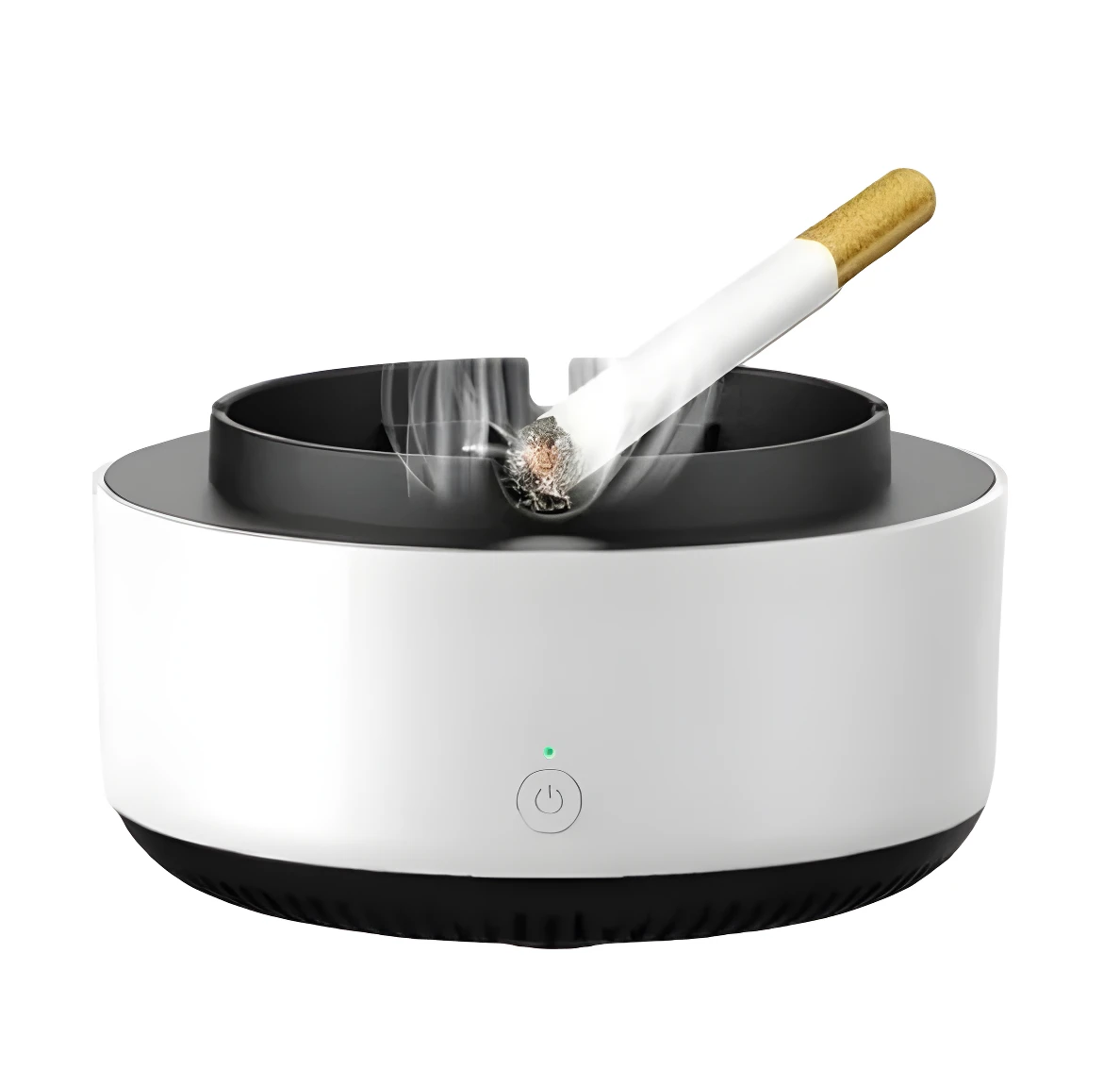 Cenicero portátil blanco con filtro de humo, fumando cigarrillo en su interior.