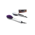 Cepillo alisador Gemei plateado con cerdas moradas, ideal para cabello. Incluye su caja.