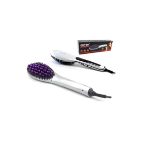 Cepillo alisador Gemei plateado con cerdas moradas, ideal para cabello. Incluye su caja.