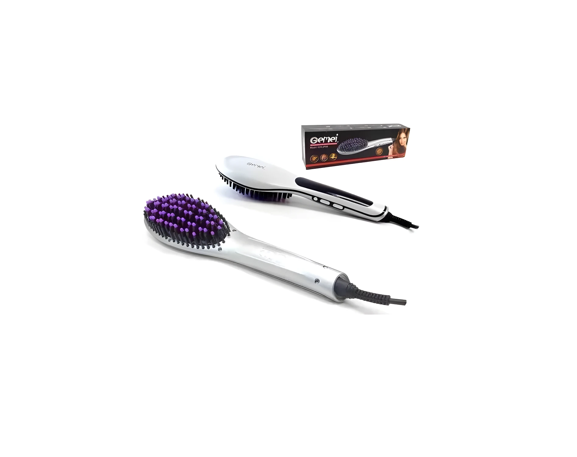 Cepillo alisador Gemei plateado con cerdas moradas, ideal para cabello. Incluye su caja.