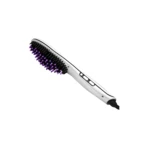 Cepillo alisador de cabello blanco con cerdas moradas y negras, diseño ergonómico, ideal para peinar y alisar.