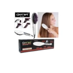 Cepillo alisador de cabello Gemei GM-2950 plateado con cerdas moradas, en caja con gráficos explicativos.