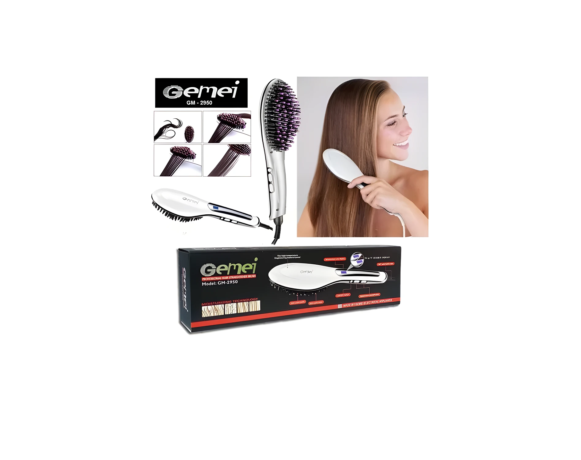 Cepillo alisador de cabello Gemei GM-2950 plateado con cerdas moradas, en caja con gráficos explicativos.