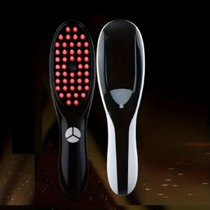 Cepillo secador y alisador negro y blanco con luces LED rojas, visto de frente y de espaldas.