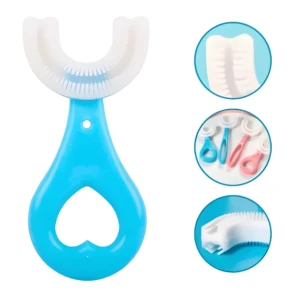 Cepillo dental de silicona infantil azul con forma de U, cerdas blancas, mango con agujero de corazón y detalles en círculos.