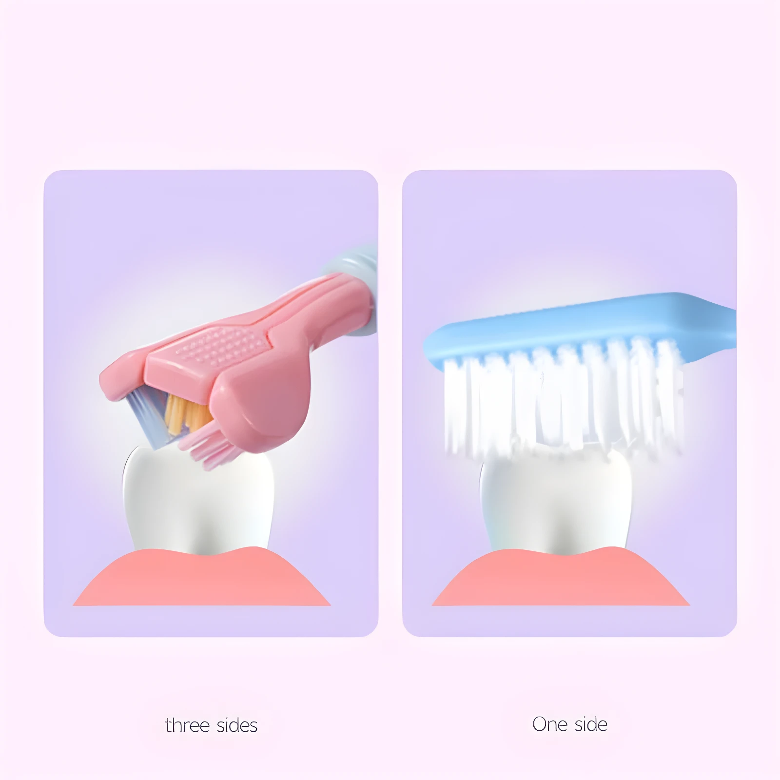 Cepillo dental infantil rosa tres caras envolvente comparado con cepillo azul tradicional de una cara sobre diente.
